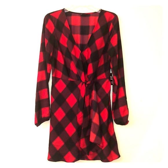 Express Silky Knot Front Buffalo Plaid Mini Dress - Picture 1 of 6